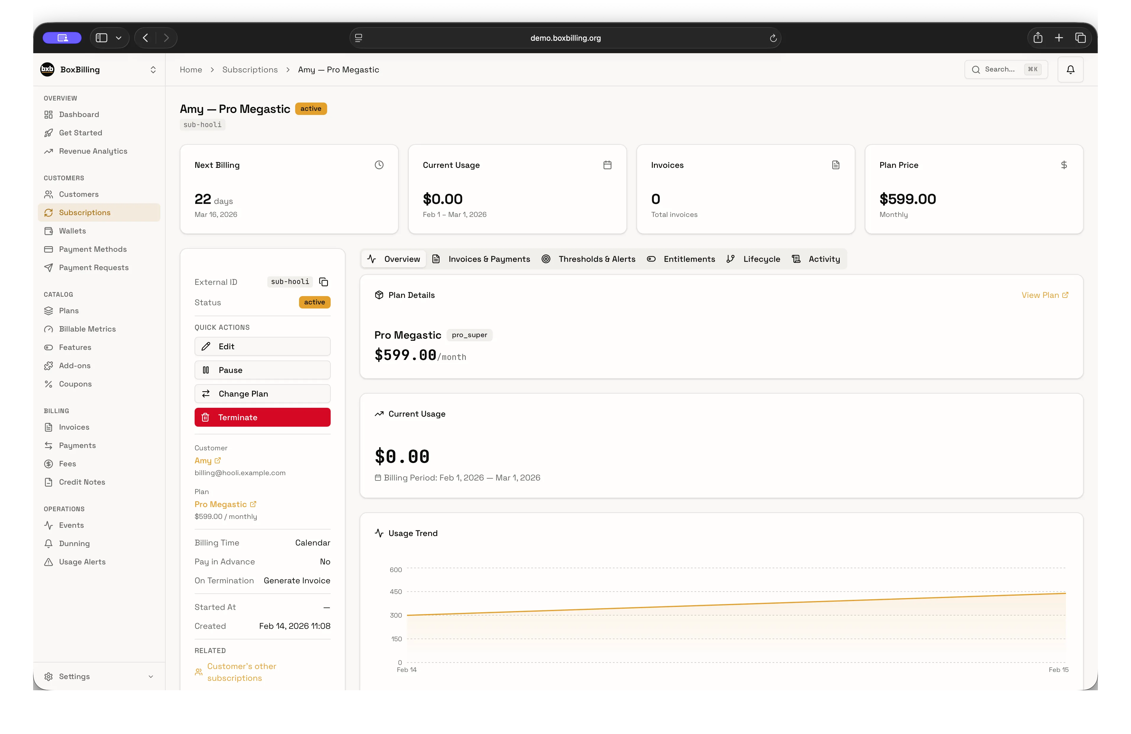 bxb Billing Admin Dashboard showing billable metrics management
