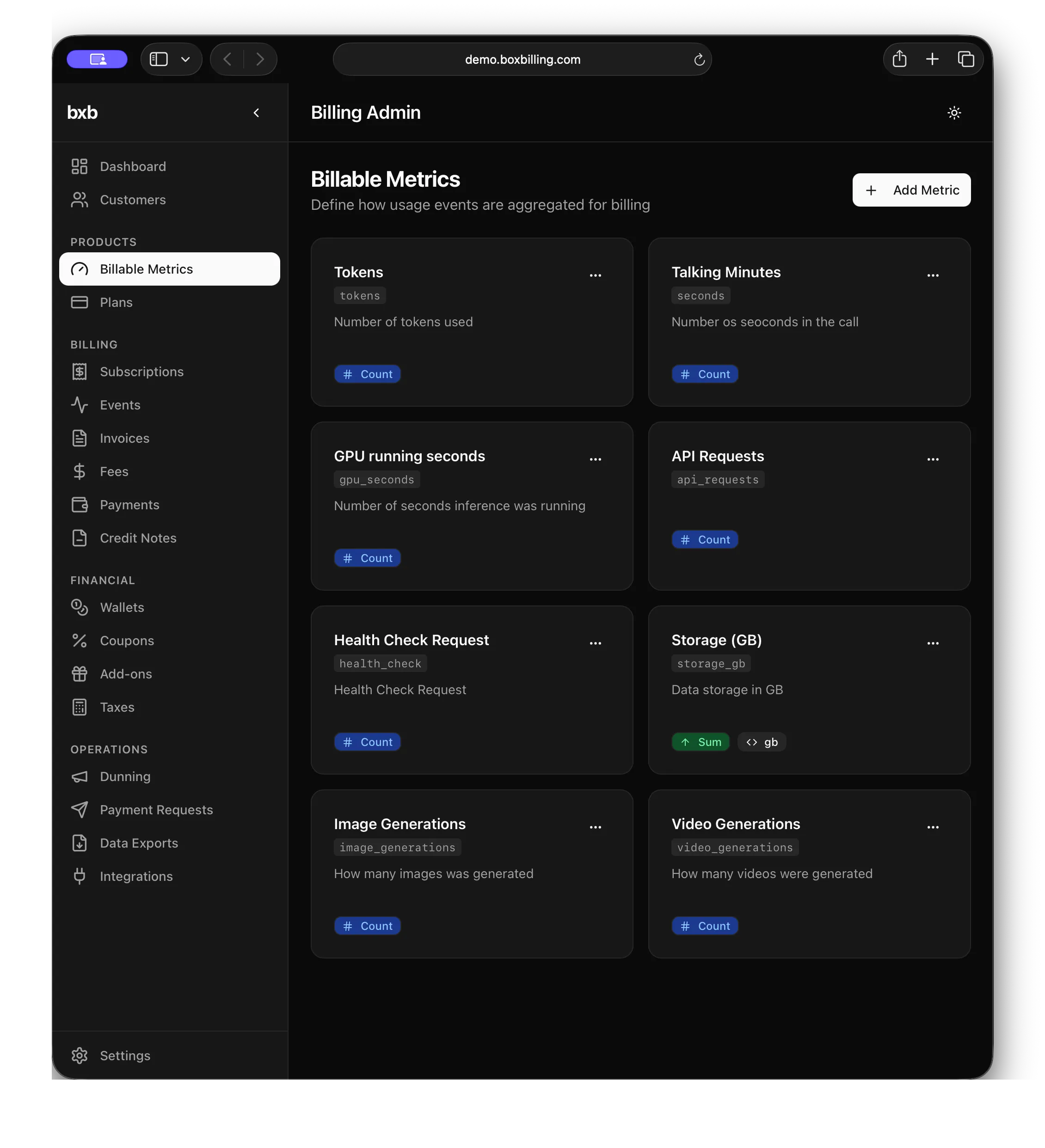 bxb Billing Admin Dashboard showing billable metrics management